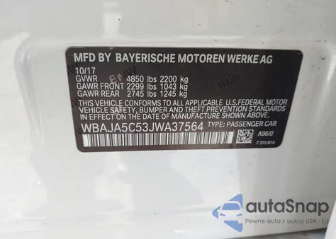 2018 BMW 530I из США, поврежденный, VIN WBAJA5C53JWA37564